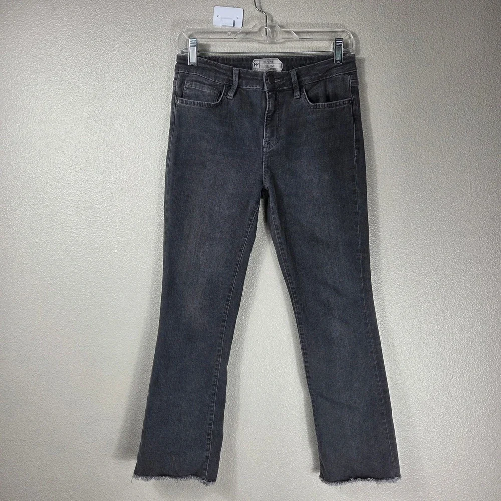 Free People Charcoal Gray Cropped Kick Flare Jeans 27 Raw Hem Stretch